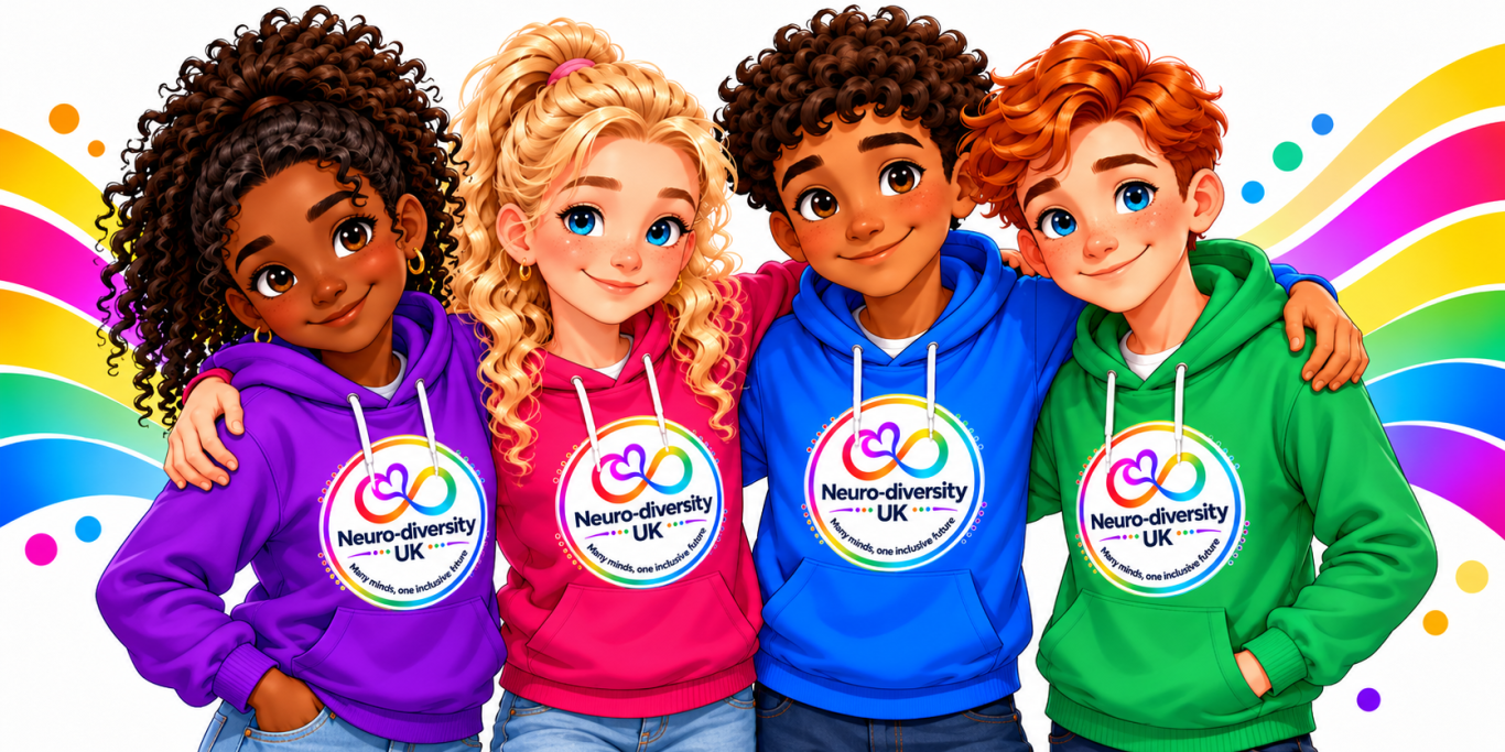 Amara, Freya, Milo and Oscar, four illustrated teenage characters standing together in colourful hoodies against a rainbow background.