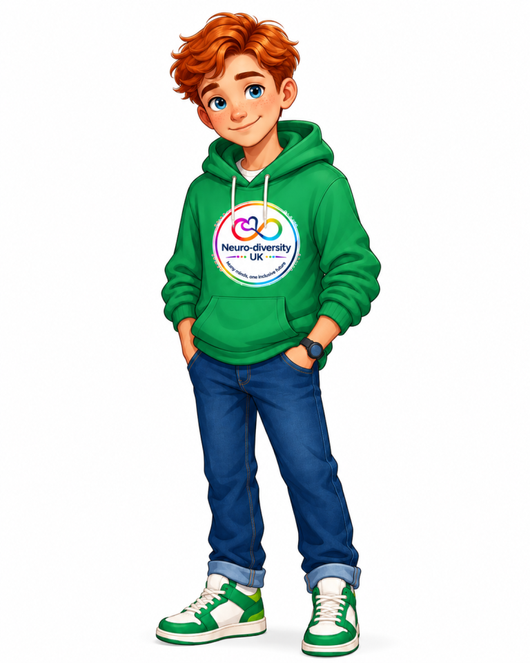 Oscar, an illustrated teenage boy with short red hair and blue eyes, wearing a green Neuro-diversity UK hoodie, jeans and trainers.