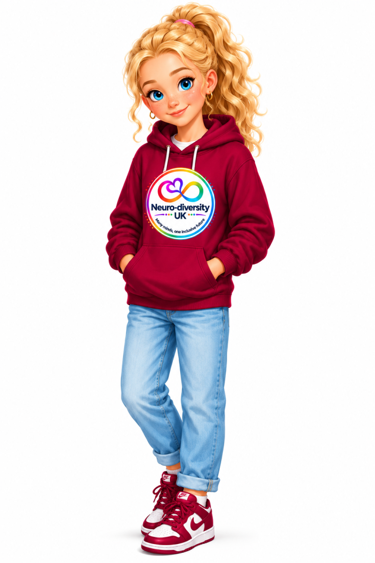Freya, an illustrated teenage girl with long blonde curly hair tied up in a ponytail, wearing a pink Neuro-diversity UK hoodie, jeans and tr