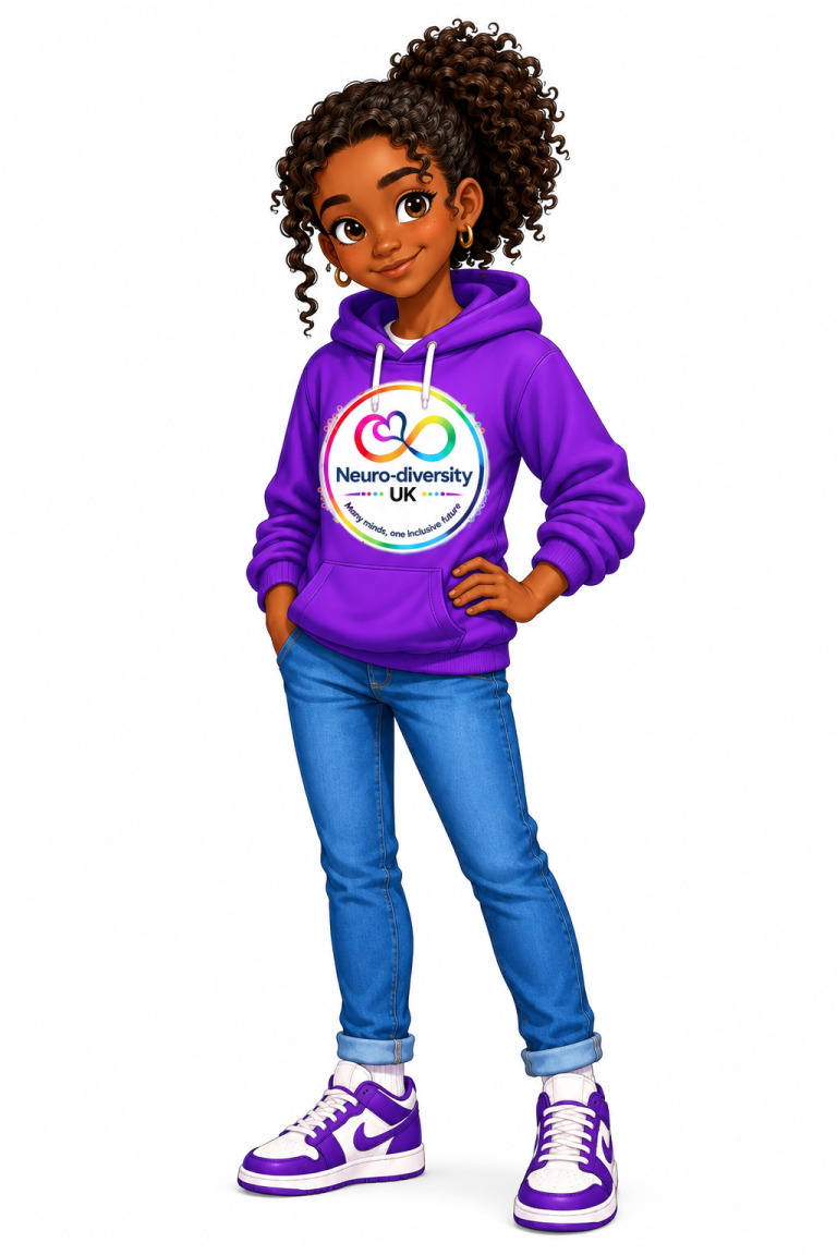Amara, an illustrated teenage girl with dark curly hair tied up in a high ponytail, wearing a purple Neuro-diversity UK hoodie, jeans and tr