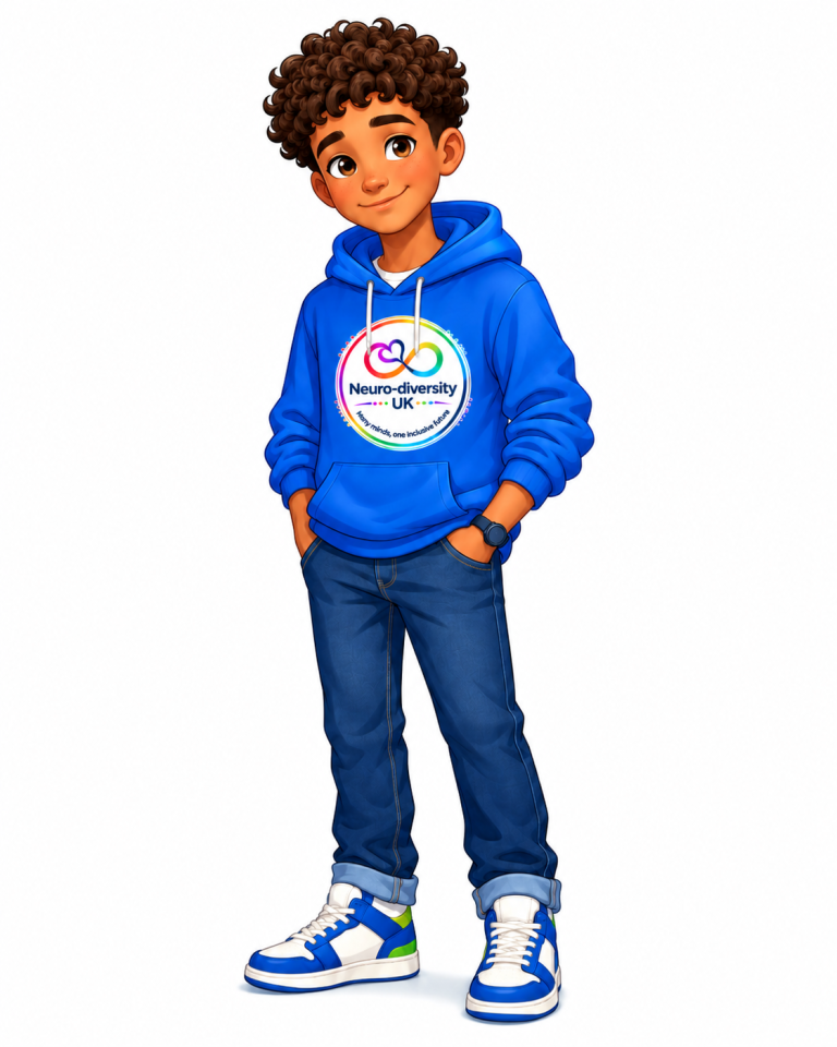 Milo, an illustrated teenage boy with short dark curly hair, wearing a blue Neuro-diversity UK hoodie, jeans and trainers.